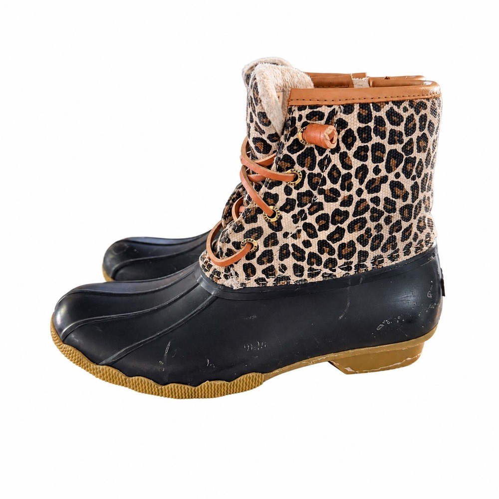 Sperry Saltwater Duck Boots Womens Leopard Print Black Rubber Rain Winter Boots